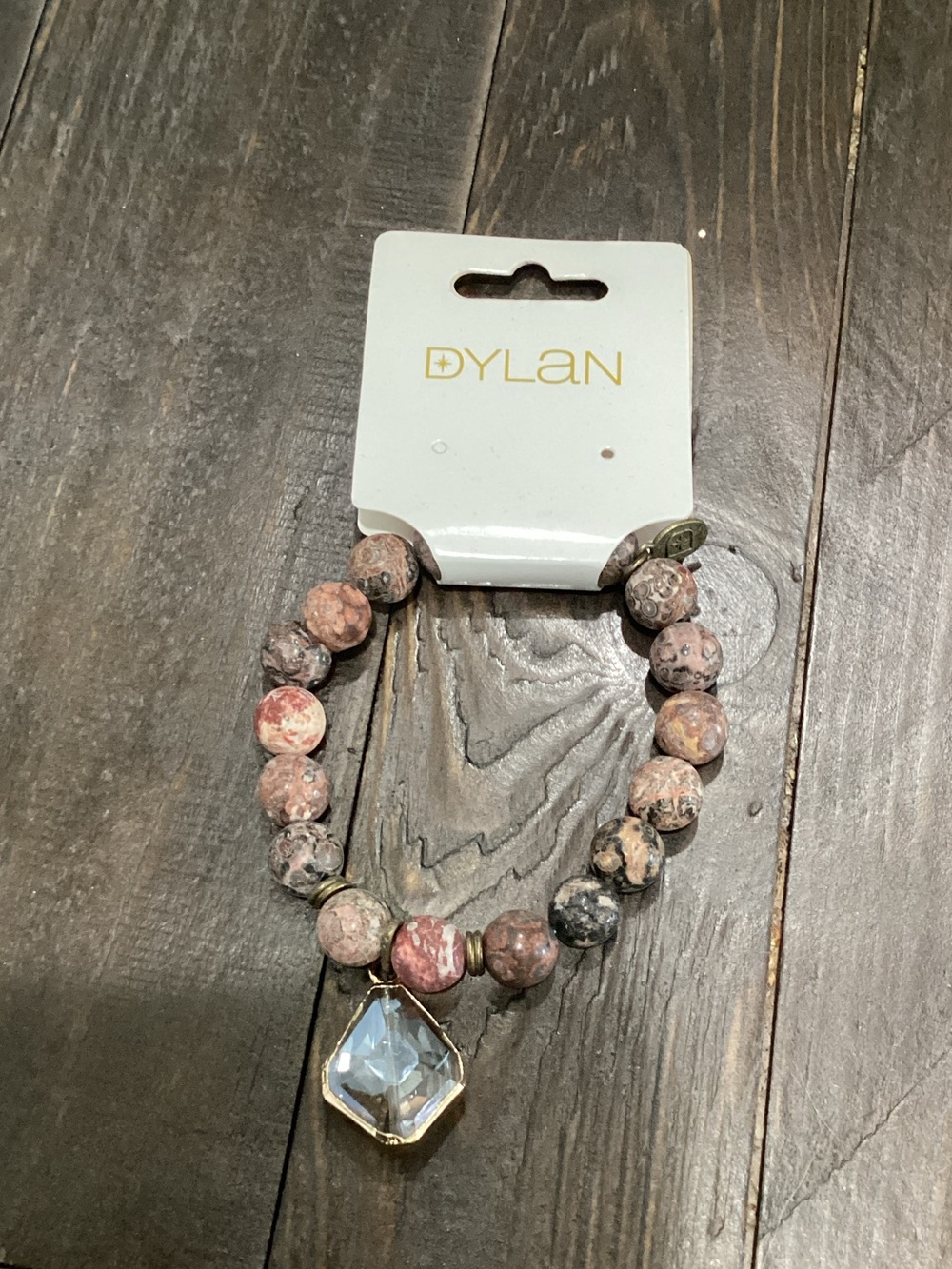 dylan Pink and‎ Earth-Tone Beaded Bracelet with Clear Faceted Charm